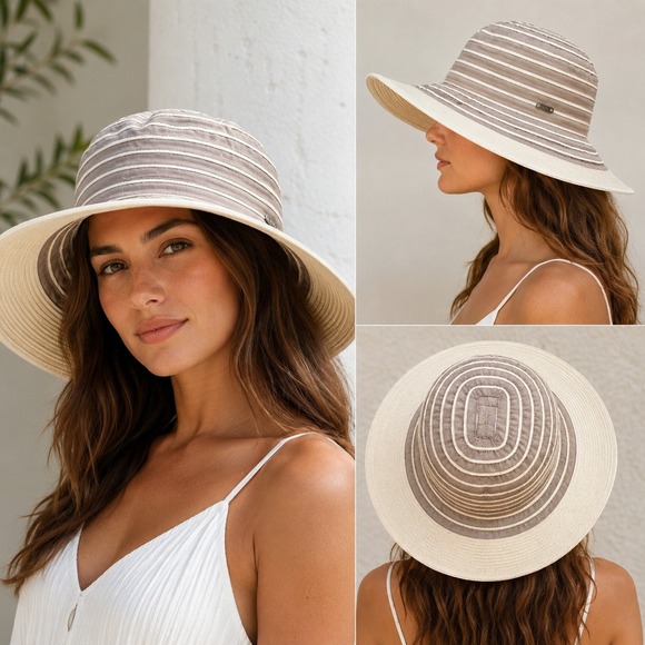 Canadian Hat Accessories - Canadian Hat Womens Packable Wide Brim Sun Hat Taupe Ivory Striped Travel M